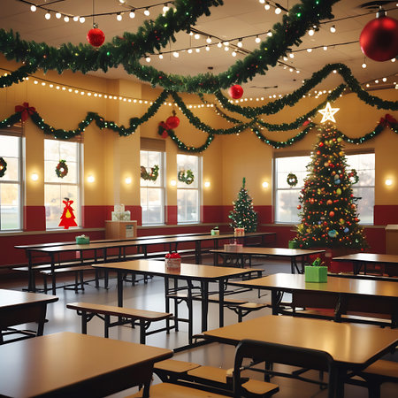 A bright cafeteria decorated for Christmas with garlands, lights, ornaments, and decorated Christmas trees.の素材