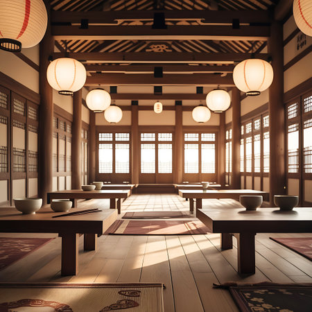 A grand East Asian banquet hall with numerous wooden tables set for a meal, illuminated by warm paper lanterns and sunlight through windows.の素材