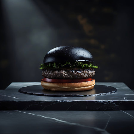 A gourmet black burger with fresh lettuce and a tomato slice rests on a dark marble slab, presented against a moody background.の素材