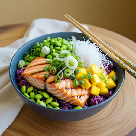 A vibrant poke bowl filled with purple rice, grilled salmon, edamame, diced mango, and green onions, served with chopsticks.の素材