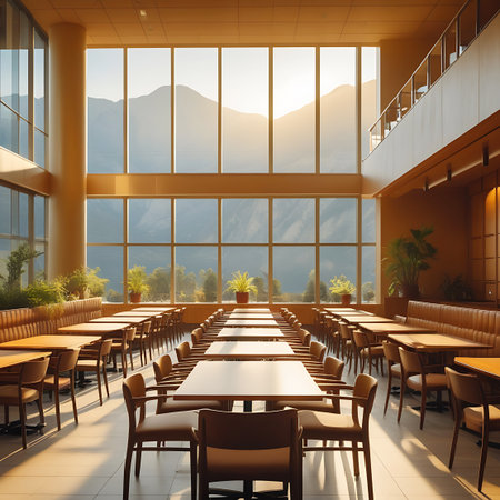 A grand dining hall with multiple levels of seating, large windows offering a mountain panorama, and abundant natural light.の素材