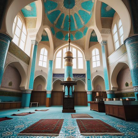 A grand mosque interior featuring turquoise domes, intricate wall patterns, tall windows, and prayer rugs on a tiled floor.の素材