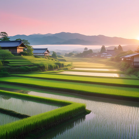 Lush green rice terraces stretch towards misty mountains under a soft pink sunrise sky, with traditional houses scattered throughout.の素材