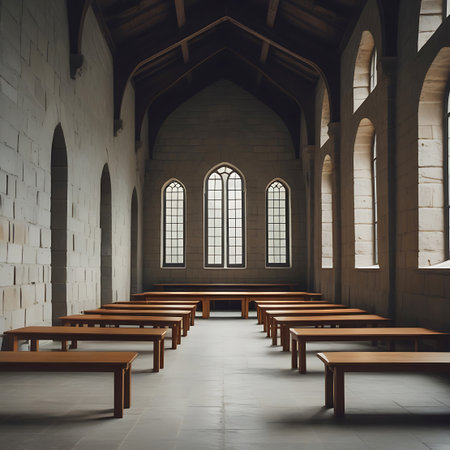 The interior of a medieval hall featuring stone walls, a vaulted ceiling, and numerous rows of wooden benches arranged for seating.の素材