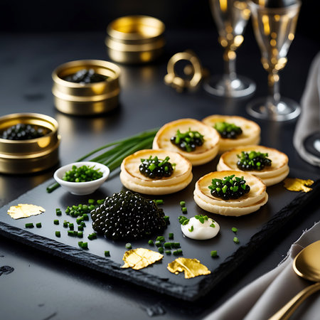 A close-up of gourmet blinis topped with black caviar, finely chopped chives, and a dollop of cream, presented on a slate platter with gold leaf accents.の素材