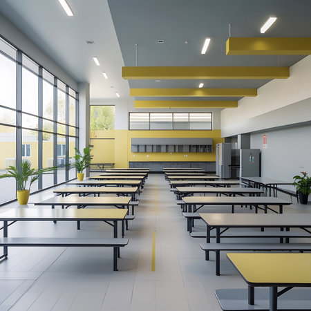 A modern school cafeteria with long picnic-style tables and benches, featuring grey interiors and bright yellow accents on the ceiling and tables.の素材