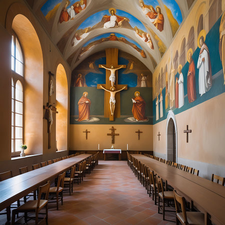 A long refectory hall in a monastery with religious frescoes on the arched ceiling and walls, featuring a large crucifix.の素材
