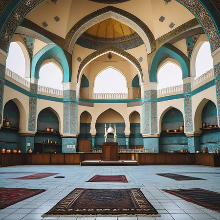 The interior of a mosque with intricate blue tilework, arched doorways, a central podium, and prayer rugs on the floor.の素材