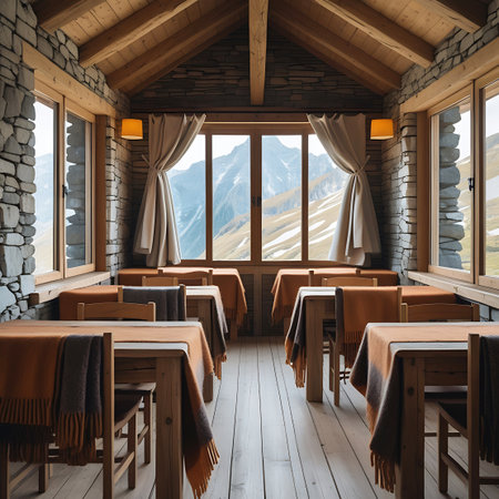 A mountain lodge dining room with wooden tables and chairs, stone walls, and large windows revealing a view of snowy mountain peaks.の素材