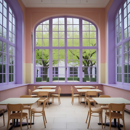 A bright cafe interior with pastel pink walls, lavender window frames, and large arched windows revealing green trees outside.の素材