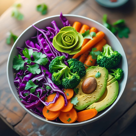 An overhead view of a healthy Buddha bowl filled with avocado, broccoli, carrots, red cabbage, and parsley on a wooden background.の素材