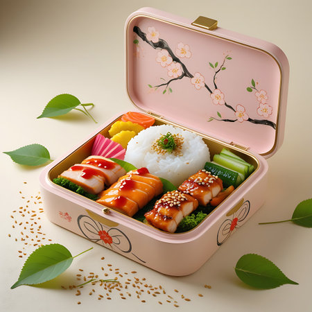 A pink bento box with a cherry blossom lid is filled with rice, salmon, broccoli, cucumber, and carrots.の素材
