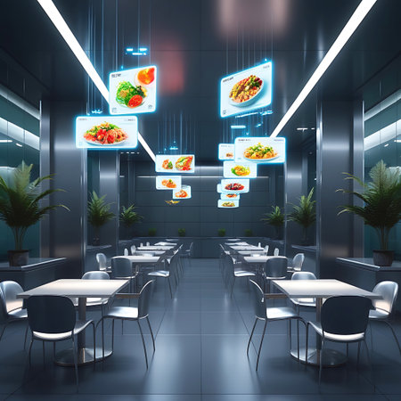 A futuristic restaurant interior with sleek tables and chairs, illuminated by modern lighting and digital food displays hanging from the ceiling.の素材