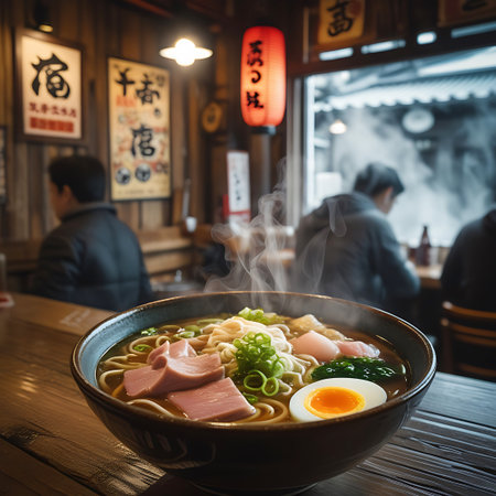 A close-up of a ramen bowl filled with noodles, egg, meat, and green onions, steaming in a Japanese restaurant.の素材