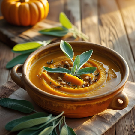 A rustic bowl of butternut squash soup with chunks of squash, nuts, and sage, presented on a wooden table with autumn leaves.の素材