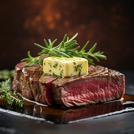A close-up of a perfectly grilled steak topped with melting herb butter and garnished with fresh rosemary sprigs.の素材