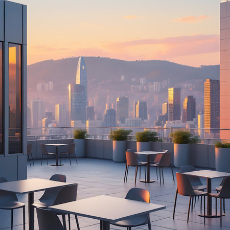 An empty rooftop cafe terrace with tables and chairs overlooks a sprawling city skyline at sunset with mountains in the background.の素材