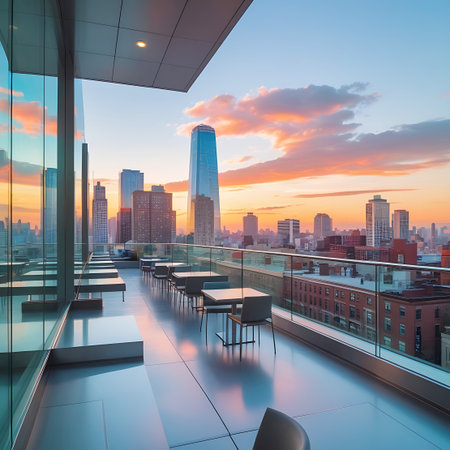 Glasswalled showing rooftop terrace with city skyline view at sunset. High resolution image suitable for commercial use.の素材