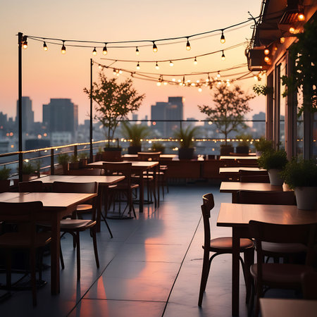 An empty rooftop restaurant terrace at dusk, with tables, chairs, city skyline, and decorative string lights.の素材