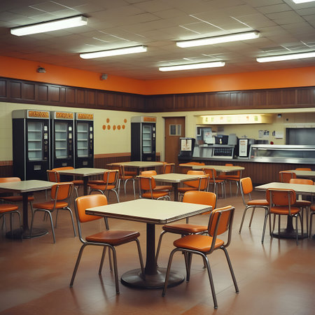A retro cafeteria interior with rows of tables and orange chairs, vending machines, and fluorescent lighting.の素材