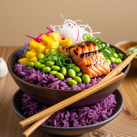A colorful poke bowl featuring grilled salmon, purple rice, diced mango, edamame, and thinly sliced radish, presented with chopsticks.の素材