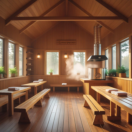 A rustic sauna interior with wooden benches and tables, a steaming stove, and windows offering views of a forest.の素材