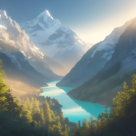 A breathtaking mountain valley featuring a luminous blue lake, framed by sun-drenched snowy peaks and verdant, tree-covered slopes.の素材