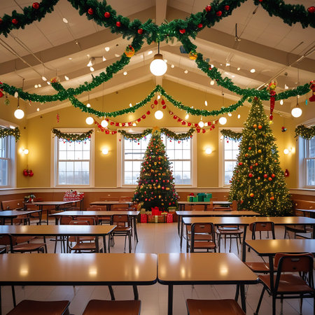 A school cafeteria adorned with Christmas decorations including trees, garlands, and festive lights.の素材