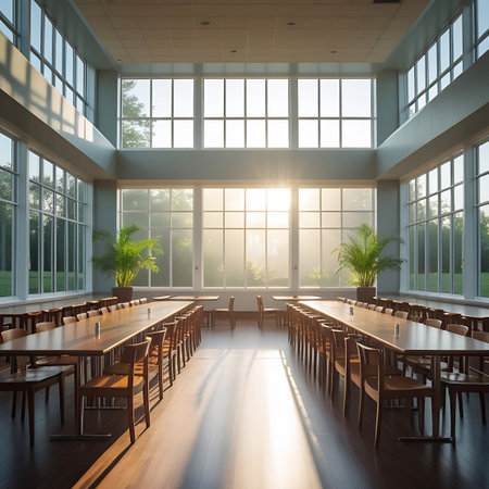 A wide, empty cafeteria with long wooden tables and chairs, illuminated by bright sunlight streaming through expansive windows.の素材