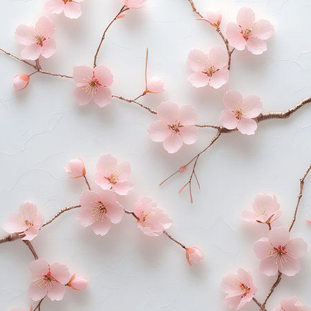 Light pink cherry blossoms and buds are arranged on thin brown branches against a textured white background, creating a delicate floral pattern.の素材