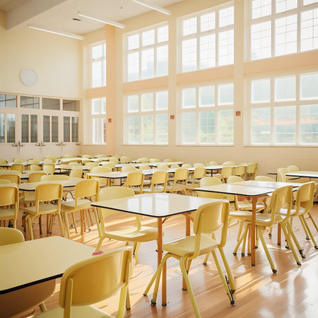 A spacious classroom with cream walls and rows of desks and yellow chairs, illuminated by abundant natural light from large windows onto a wooden floor.の素材