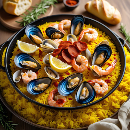 A close-up of a flavorful paella with yellow rice, shrimp, mussels, clams, sliced chorizo, and lemon wedges, presented on a wooden surface.の素材
