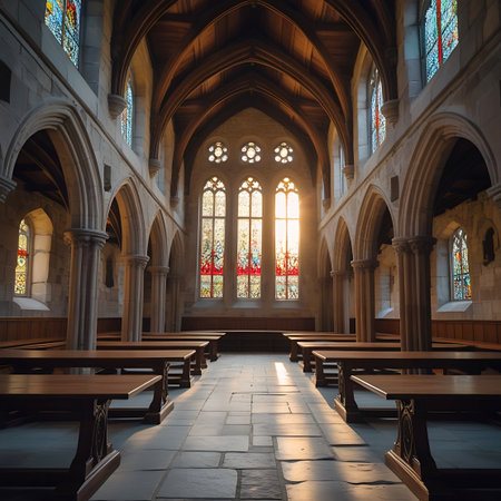 Sunlight dramatically illuminates a gothic hall with stained glass windows, casting long shadows across stone floors and rows of wooden tables.の素材