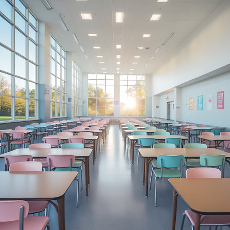 Sunlit showing sunlit school cafeteria with rows of tables and chairs and large windows. High resolution image suitable for commercial use.の素材
