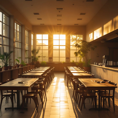 A spacious dining room with rows of wooden tables and chairs illuminated by bright sunlight streaming through large windows, creating a warm atmosphere.の素材