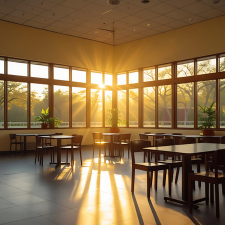 A sunlit cafeteria interior with wooden tables and chairs, casting long, dramatic shadows from the warm, golden light.の素材