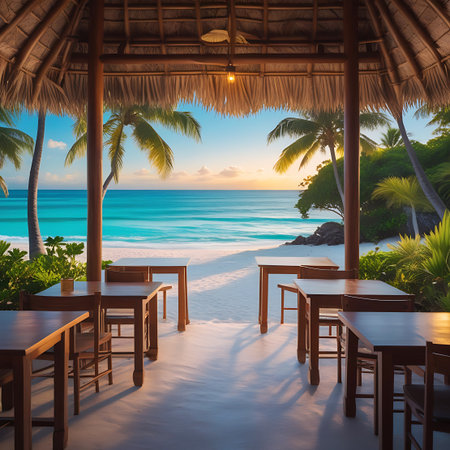 Outdoor restaurant with wooden tables and chairs under a thatched roof, overlooking a white sand beach and turquoise ocean at sunset.の素材