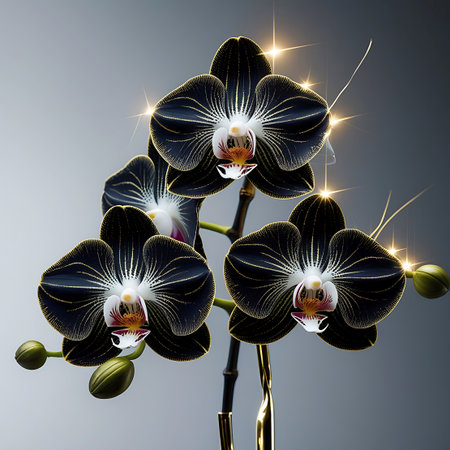 Three striking black orchid flowers with intricate gold veins and delicate sparkles, set against a soft gray background with buds on the stem.の素材