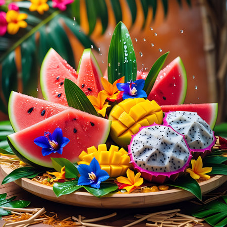 A wooden platter filled with sliced watermelon, mango, and dragon fruit, adorned with colorful flowers and green leaves.の素材