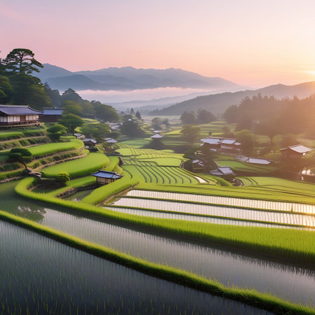 Golden sunrise illuminates Japanese rice terraces and traditional homes nestled amongst misty mountains, creating a tranquil rural scene.の素材