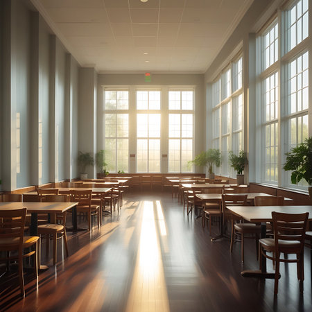An empty dining hall with wooden tables and chairs, featuring a long corridor of natural light from large windows.の素材