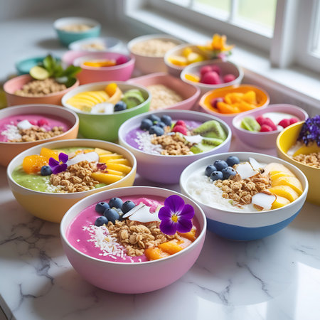 Numerous brightly colored smoothie bowls adorned with fresh fruits, crunchy granola, and delicate flowers are displayed on a marble surface.の素材