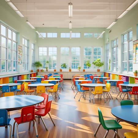 A vibrant, empty school cafeteria with round tables and colorful chairs, large windows, and plants. Clear details and vibrant colors enhance visual appeal.の素材