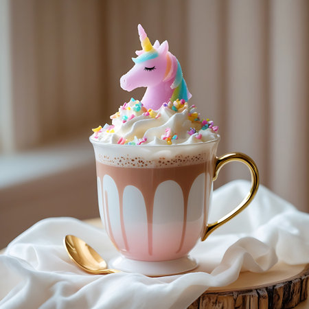 A pink unicorn topper sits on whipped cream atop a hot chocolate in a pink and white drip-design mug with a gold handle and spoon.の素材