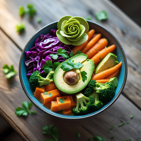 A colorful Buddha bowl filled with fresh avocado, broccoli, carrots, red cabbage, and parsley, presented on a rustic wooden surface.の素材