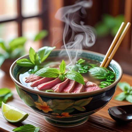 A vibrant bowl of Vietnamese pho noodle soup, showcasing thinly sliced beef, fresh mint, and a lime slice, with steam rising.の素材