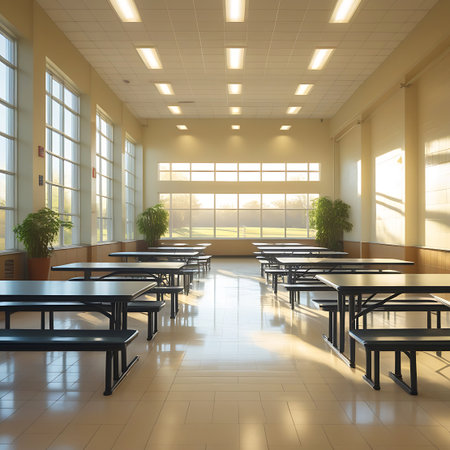 A spacious school cafeteria filled with natural light from large windows. Rows of tables and benches are neatly arranged, creating an open and inviting environment.の素材