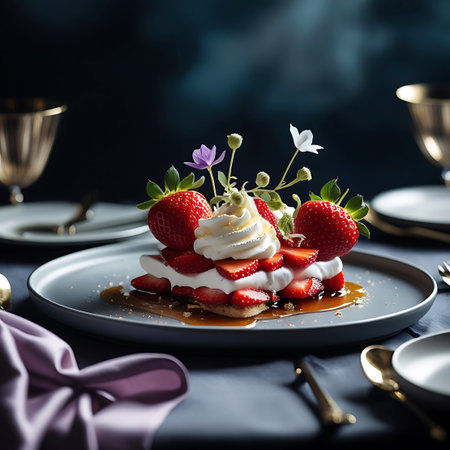 A layered strawberry shortcake dessert topped with whipped cream and delicate flowers sits on a dark plate with syrup drizzled around.の素材