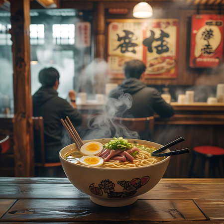 A steaming bowl of ramen with egg, meat, and green onions sits on a wooden table in a Japanese restaurant.の素材