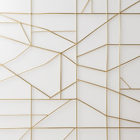 Thin gold lines form an irregular geometric pattern across a clean white surface, creating an abstract and modern design.の素材